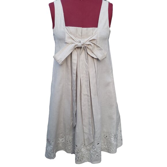 Ranna Gill Shift Dress Beige Linen Sleeveless Bow Tie Front Pleated Short Small - Picture 1 of 9